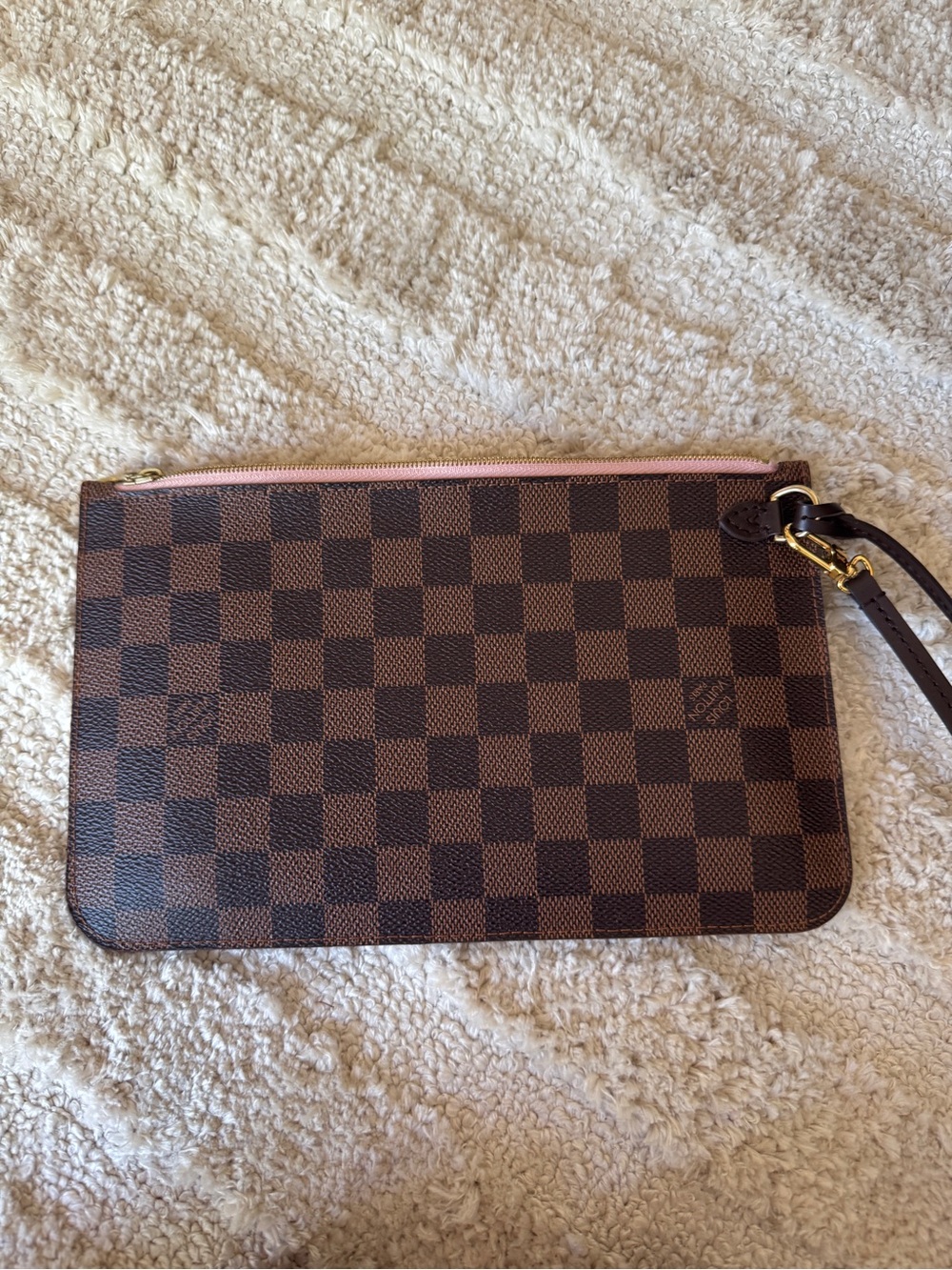Brown Checkered Wristlet Pouch with Pink Trim